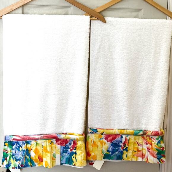 Vintage 100% Egyptian Cotton Bath Towels Set White Yellow Floral Pleated Trim - Picture 1 of 9